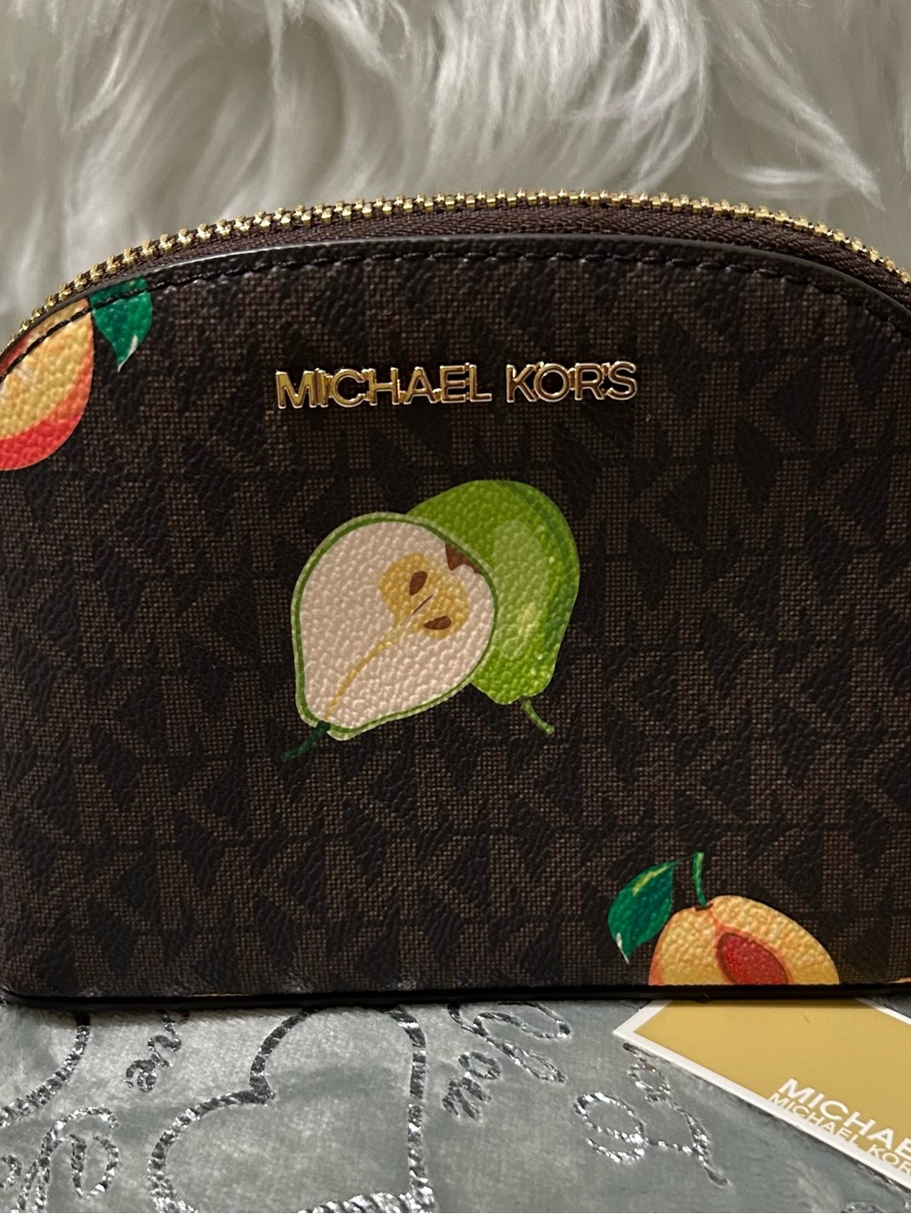 NWT Michael Kors Small Jet Brown Cosmetic Pouch-Pink/Green/Yellow Fruit Print - Picture 2 of 9